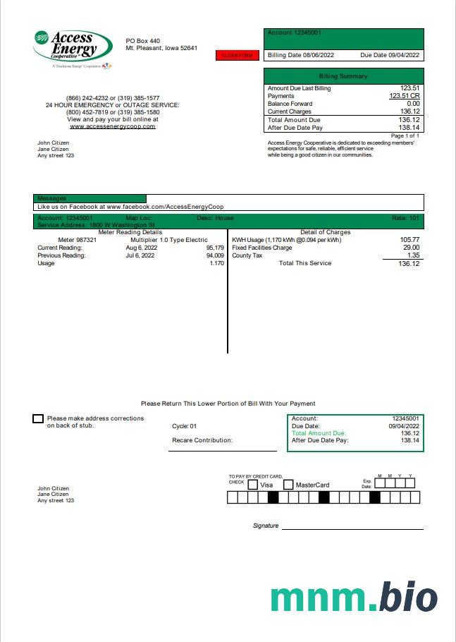 USA Iowa Access Energy Cooperative rachunek za media szablon w formacie Word i PDF